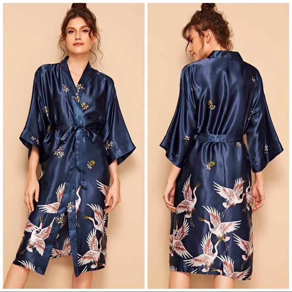 New Navy Blue Satin Silk-Like Kimono Robe - Picture 2 of 5